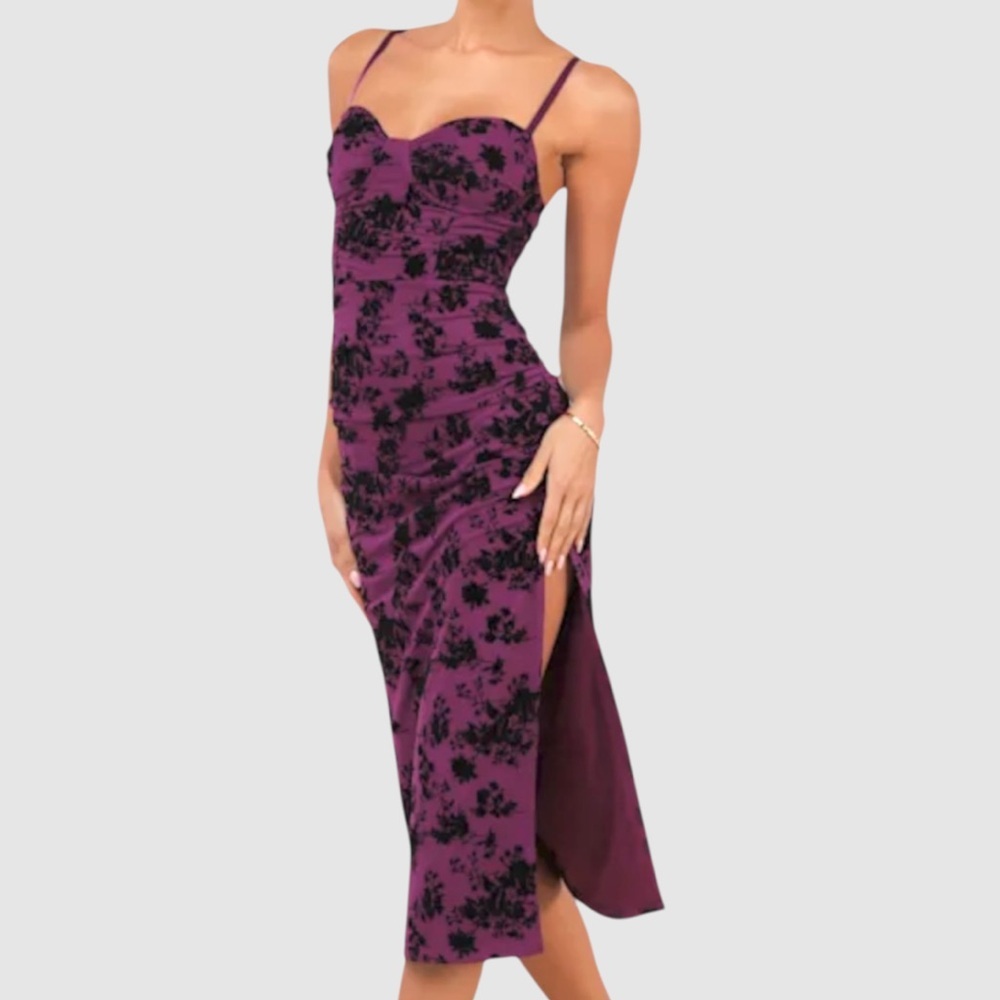NWT Lulus Decadent Flirt Mesh Velvet Ruched BodyCon Midi Dress Size Medium